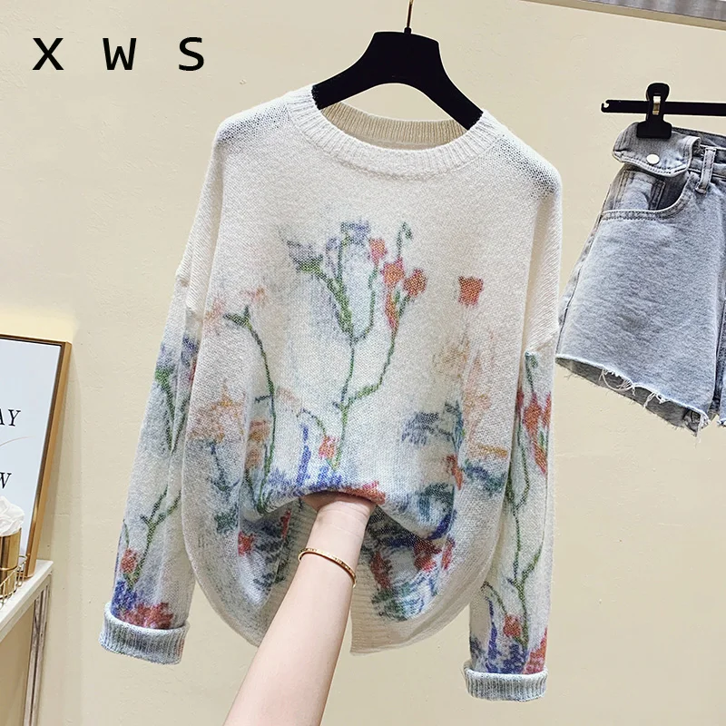 

women floral print mohair sweater loose casual long sleeve kint jumper fashion oversized pullover jersey mujer