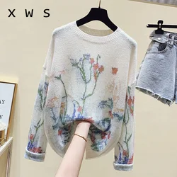 women floral print mohair sweater loose casual long sleeve kint jumper fashion oversized pullover jersey mujer