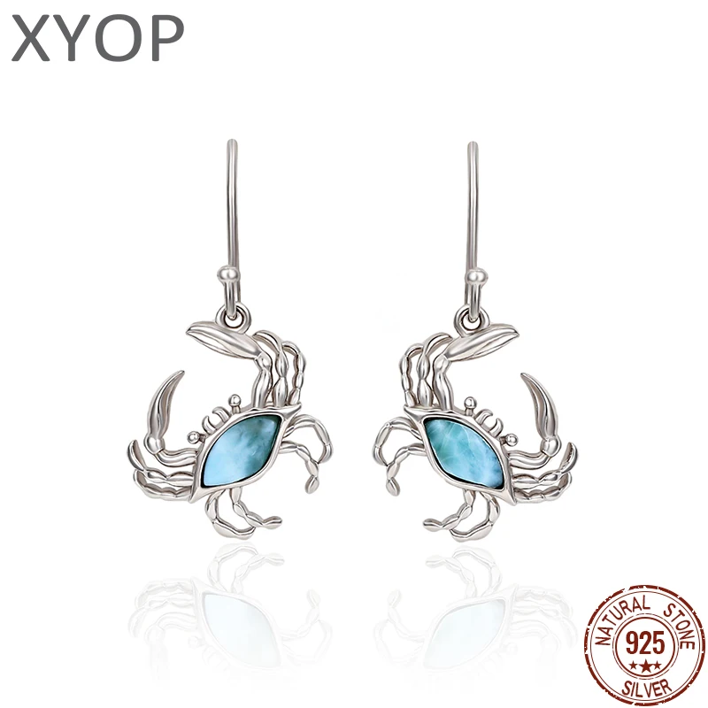 Summer Crab Design Geometry Natural Gem Larimar Earrings 925 Sterling Silver Women Jewelry Drop Shape