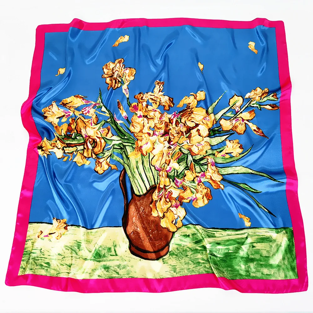 Van Gogh 90CM Neckerchief Classical Flowerpot Lily Ladies Shawl Big Square Scarf Silk Kerchief Neck Scarf Wholesale