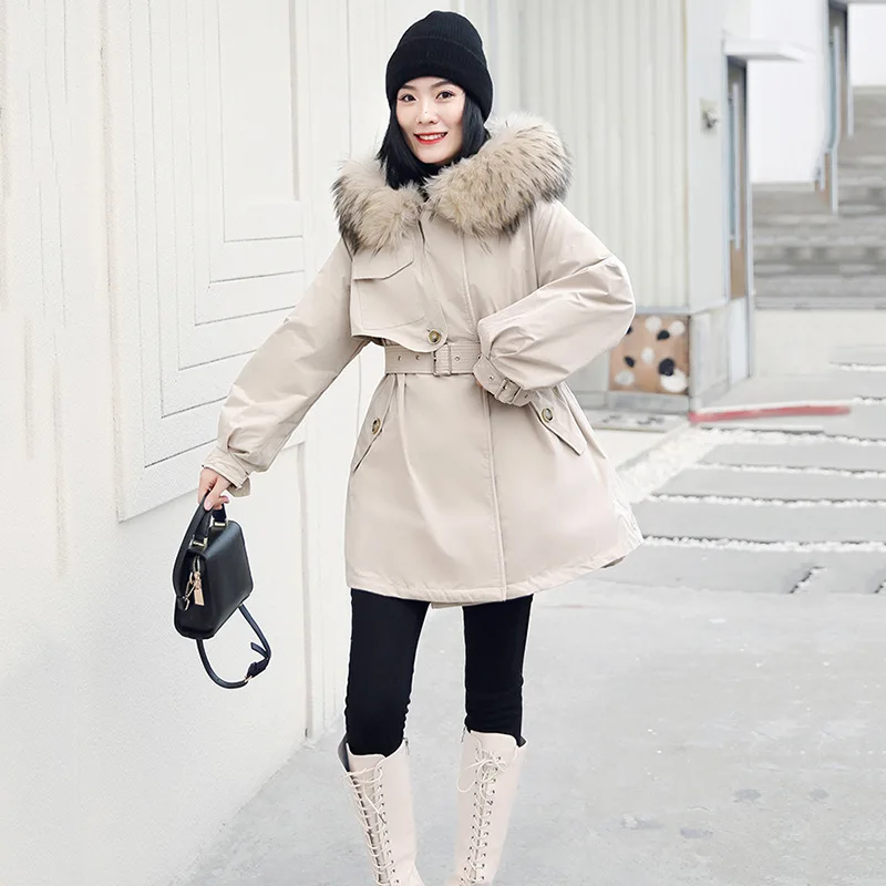 Lange Große Fuchs Pelz Haube Puffer Jacke Frauen Ente Unten Gepolsterte Mäntel Winter Büro Dame Schlank Fashion Unten Parkas Oberbekleidung JK-890