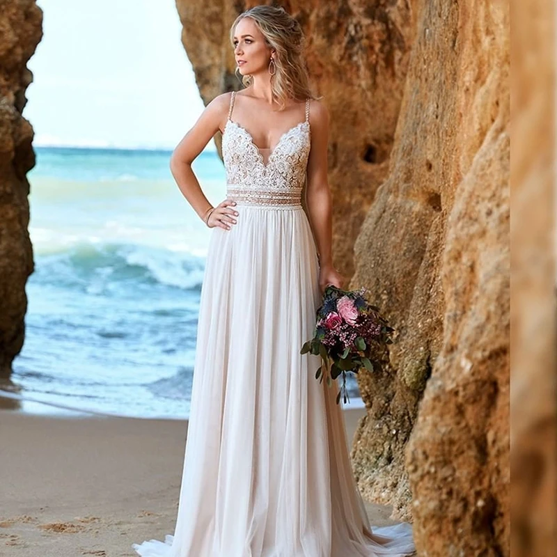 LSYX-vestido De novia bohemio con cuello en V, traje De playa Simple con Apliques De encaje, tren De barrido, gasa, Espalda descubierta, sin mangas