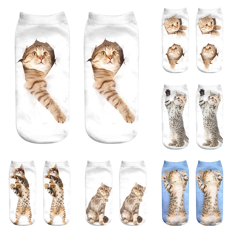 

New 3D-printed Kawaii Kitten Neutral Sock Cartoon Cute Cats Face Ankle Short Socks Novelty White Beautiful Girls Socks