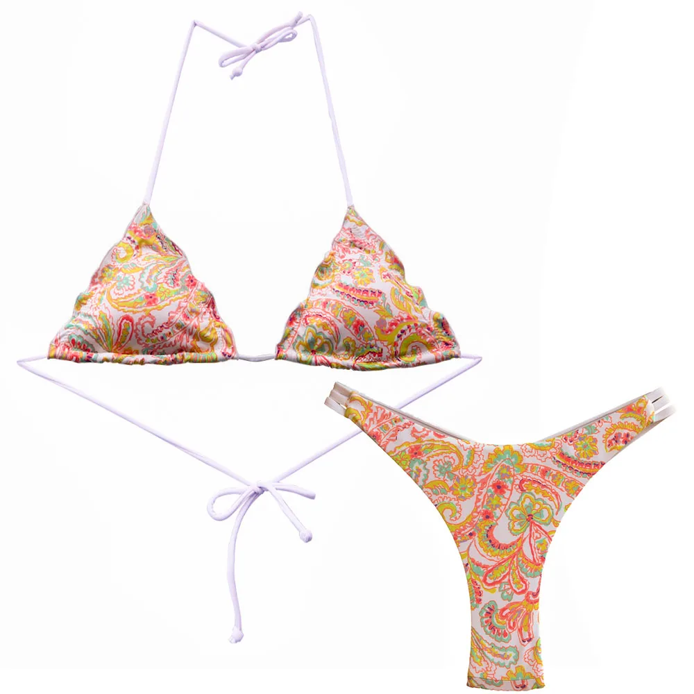 Summer Women Yellow Bow Triangle Bikini Set Printing Secret Swimsuit Biquini Thong Bottom Brazilian Bathing Suit Cheeky Swimwear