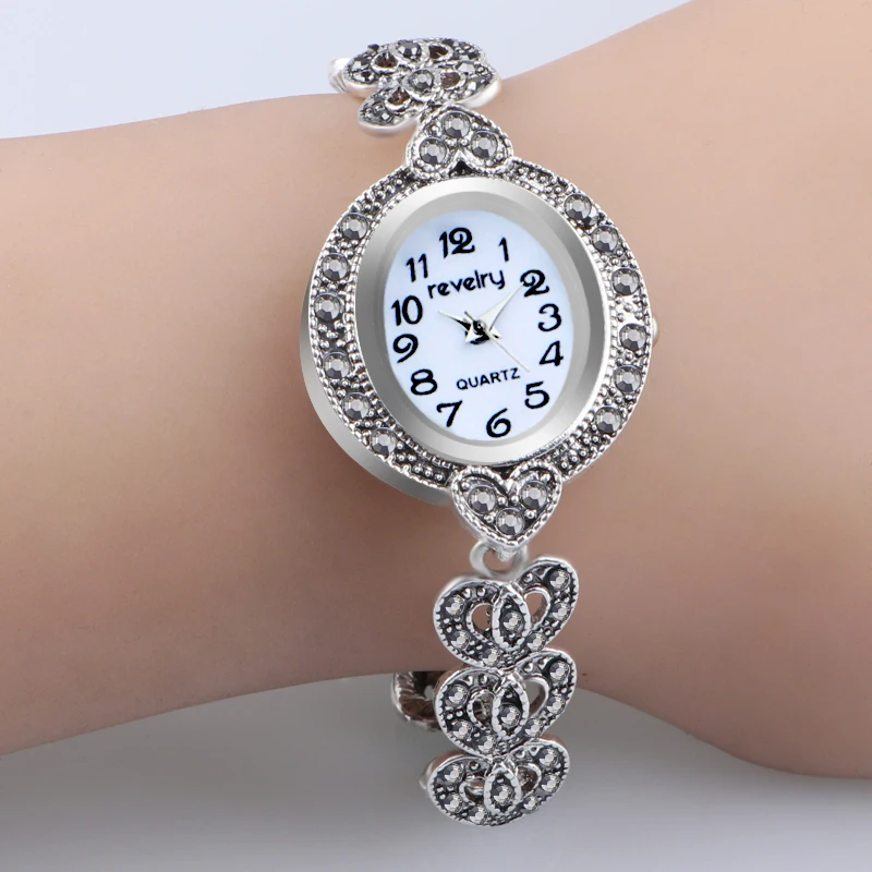 QINGXIYA Brand Luxury Women Gray Crystal Bracelet Watches Fashion Women Dress Wristwatch Ladies Antique Silver Quartz Watch
