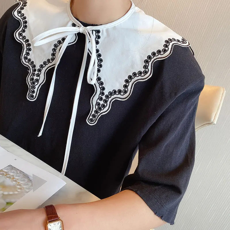 classic white Detachable Fake Collar shirt fake tie vintage embroidered women elegant dress women tied Overhead Cotton Shawl