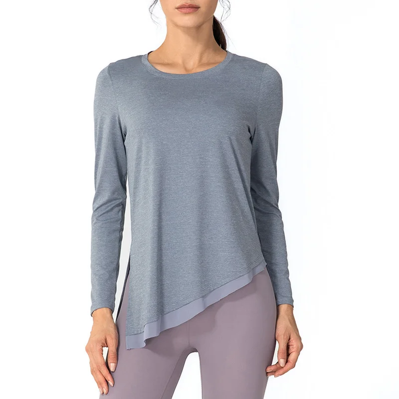 

Sports Top Long Sleeve Yoga T-shirt Women Loose Round Neck Fitness Blouse Running Elastic GYM Leisure Versatile Pullover