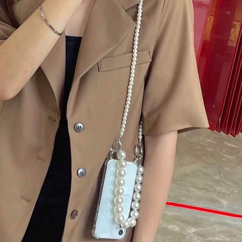 Pearl Bracelets Soft Case for iPhone 15 14 12 Pro Max 13 MiNi 11 Pro 16 X XS XR 7 8 Plus Chain Crossbody Lanyard Necklace Cover