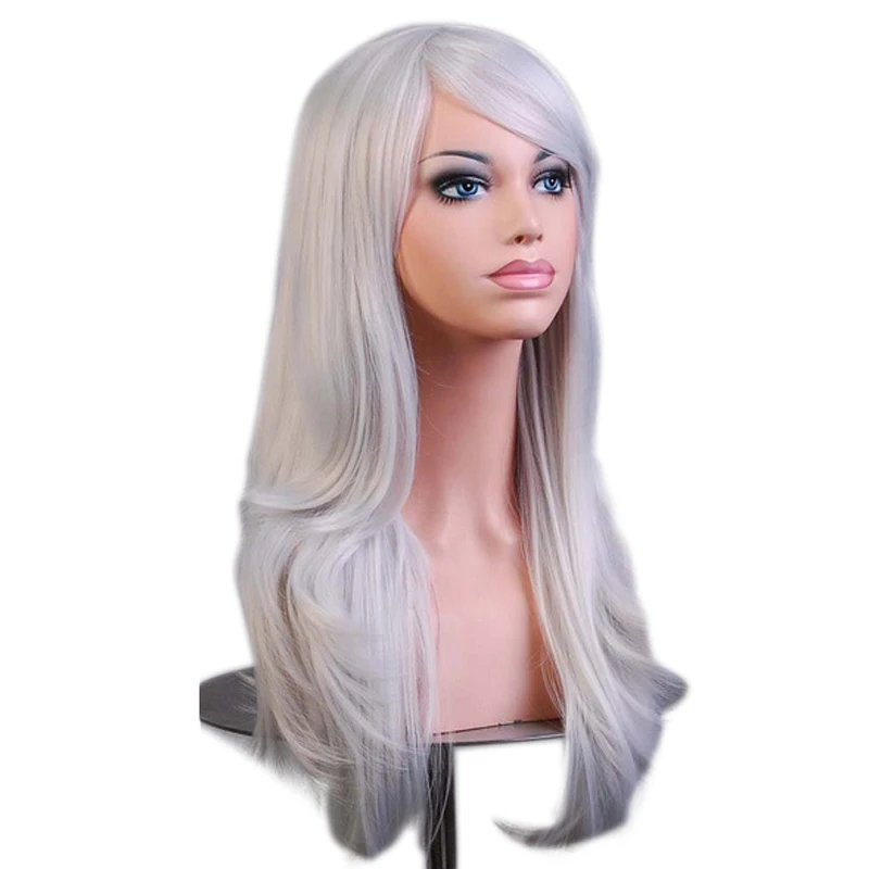 Soowee Wavy Long Blue Gray Cosplay Hair Synthetic Wigs Hair Pink Wig with Bangs for Women Fake Hairpieces