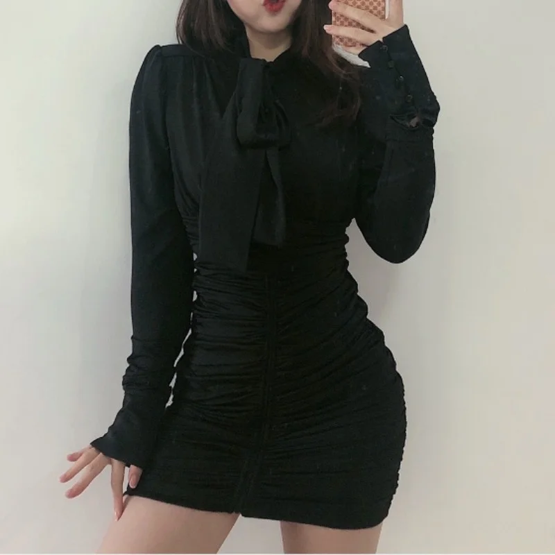 V Sexy Neck High Waist Dress Office Ladies Elegant Black Pencil Dress Women 2022 Spring Design Long Sleeve Pleated Wrap Dresses