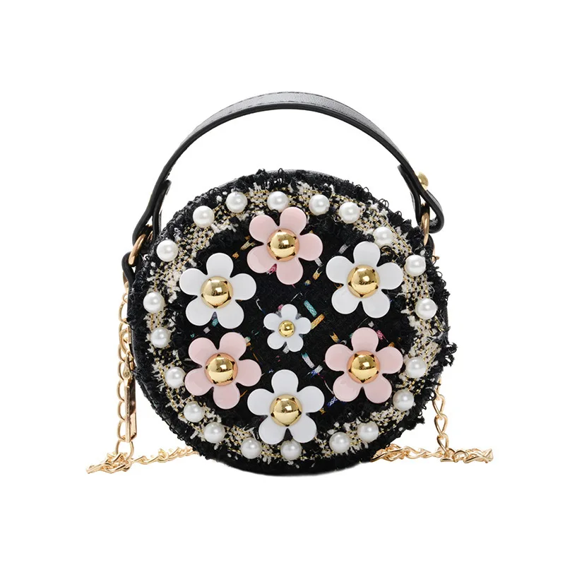 Children Small Round Bags Baby Decorative Shoulder Bag Girl Mini Handbag Creative Tweed Flower Pearl Kids Wallet for Party