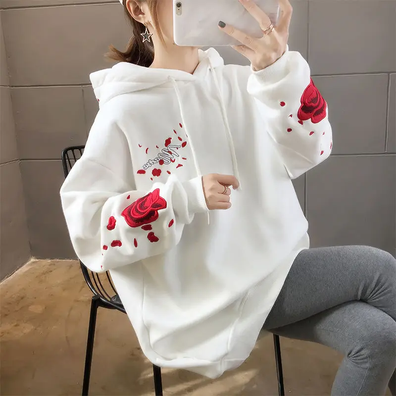 Oversized Women Hoodies Casual Embroidered Rose & Crane Sweatshirt Korean Style Autumn Long Sleeve Hooded Female Pullovers Tops