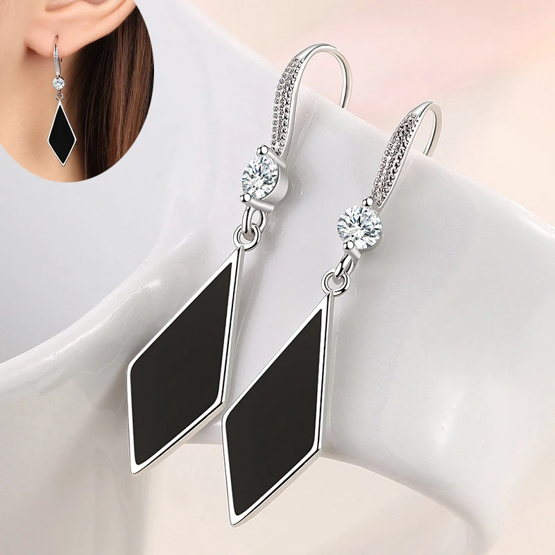 Fashion Black Rhombus Drop Earrings Cubic Zircon Stone Ear Piercing Hook Female Dangle Earring Trendy Wedding Jewelry For Women