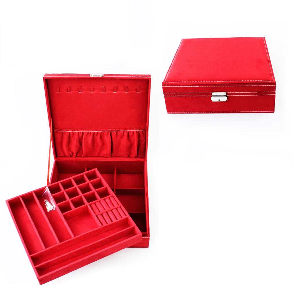 Dark Red two-layer lint jewelry box organizer display storage case with lock