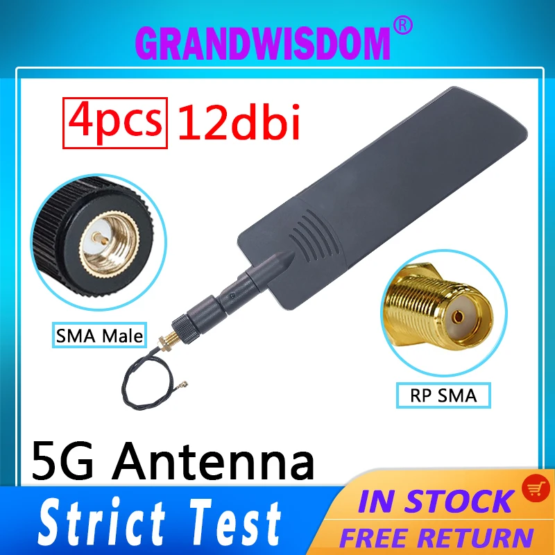 grandwisdom 4PCS 5G WIFI IOT Antenna 12DBi SMA male connector antena High Gain 600-6000mhz antene 21cm ipex pigtail Amplifier