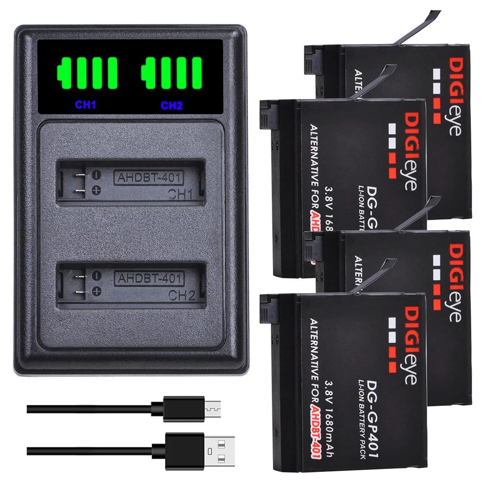 1680mAh AHDBT-401 Battery + LED Dual Charger for Gopro Hero 4 Batteries Gopro Hero 4 Silver, Hero 4 Black