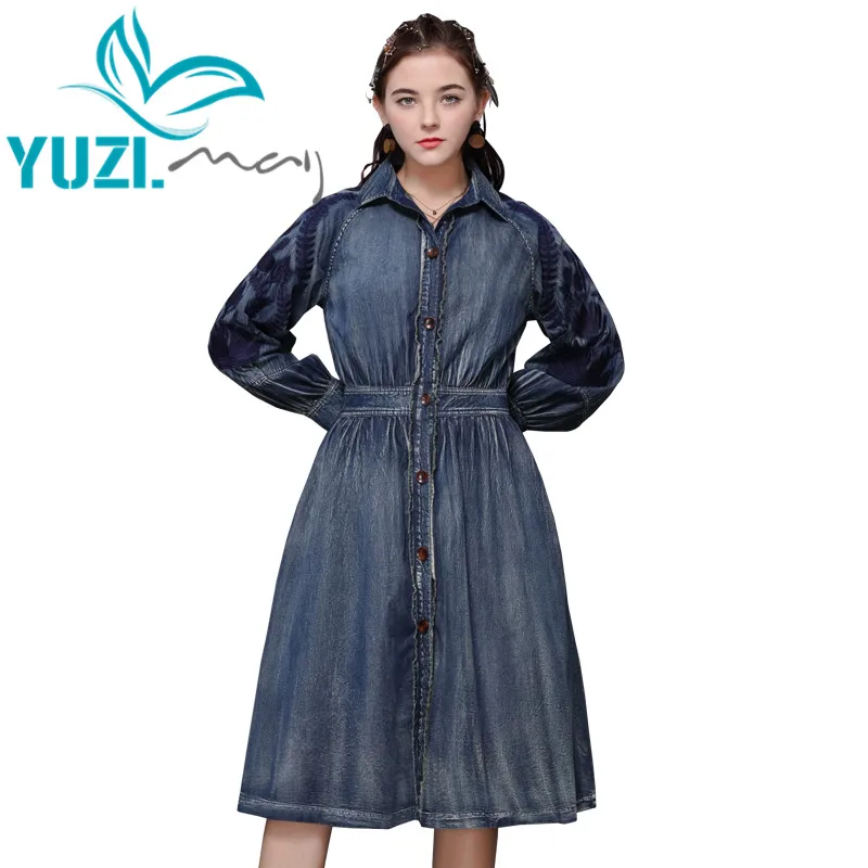 Vrouwen Jurk 2020 Yuzi. kan Boho Nieuwe Denim Vrouwen Jurken Turn-Down Kraag Lantaarn Mouwen A-lijn Vestidos A82202 Vintage Vestido