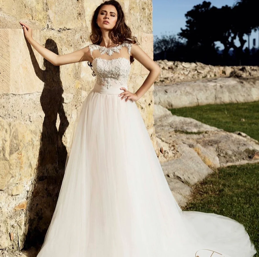 Vestido de casamento a linha o-pescoço tanque renda apliques lantejoulas contas sem costas ilusão andar comprimento varredura trem elegante vestido de noiva novo