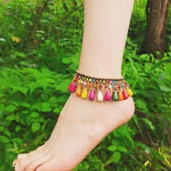 European and American Bohemian Style Semi-precious Stone Women's Anklet Wax Thread Hand-woven Beach Vacation Female Anklet