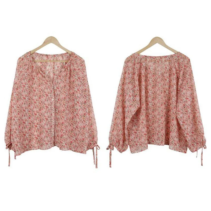 Women Summer Chiffon Shirt Long Sleeve Floral Print Ladies Sweet Korean Style Shirt Tops 2020