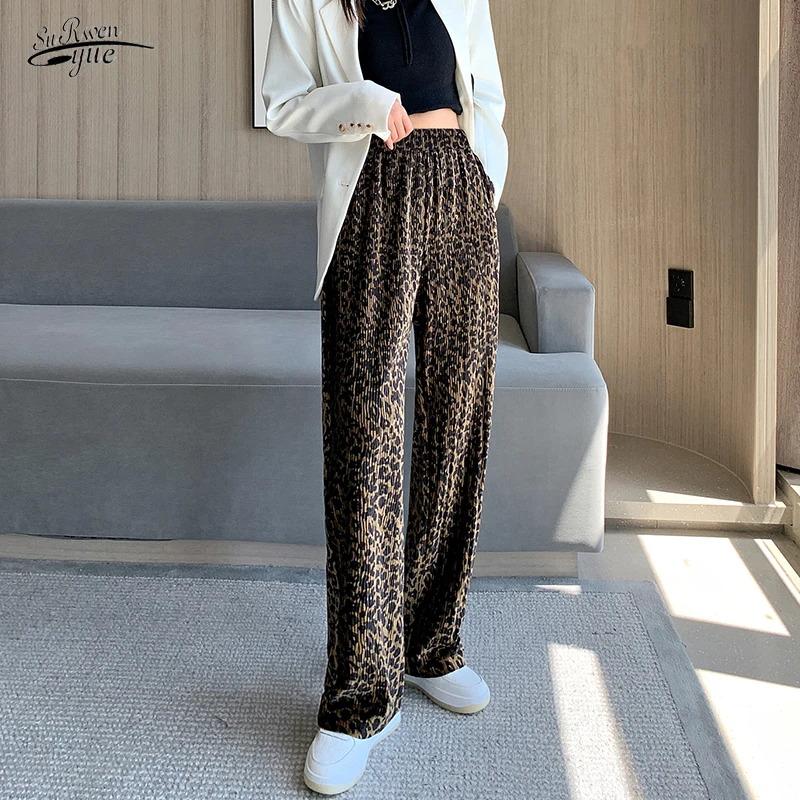 

2021 Autumn Loose Straight Pants Wide Leg Pants Women Loose High Waist Trousers Casual Leopard Black Pants Tie-dyed Pants 16442