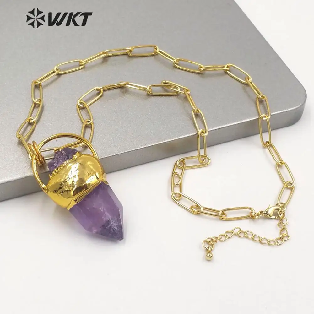 WT-N1254 WKT Wholesale Natural Stone Purple Amethyst Pendant Necklace With Gold Electroplated Chain For Female Party Jewelry