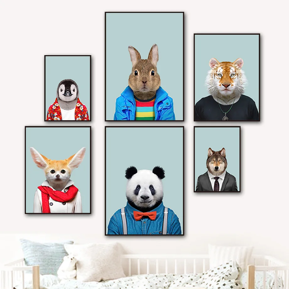 Wolf Rabbit Penguin Tiger Animal Portrait Wall Art Canvas Painting Nordic Posters And Prints Wall Pictures For Living Room Decor