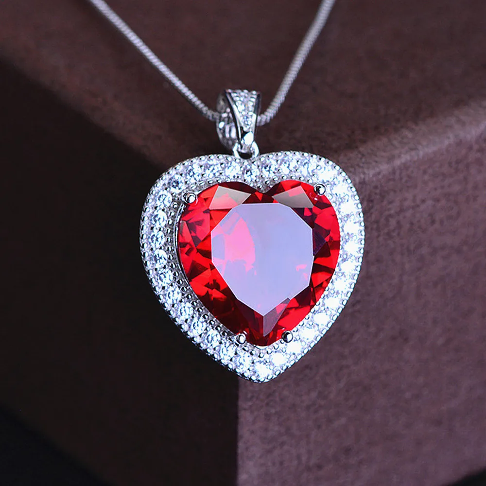 Classical love heart red crystal ruby gemstones diamonds pendant necklaces for women white gold silver color jewelry bijoux gift