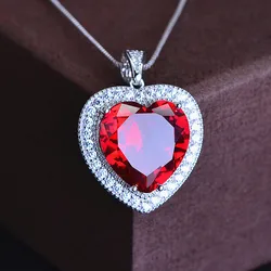Classical love heart red crystal ruby gemstones diamonds pendant necklaces for women white gold silver color jewelry bijoux gift