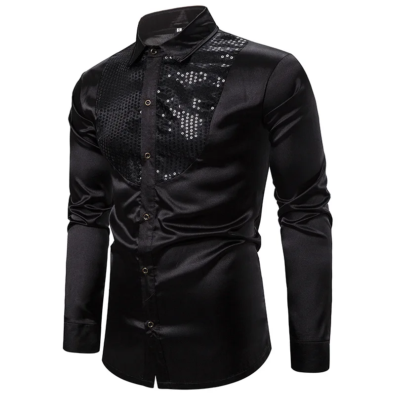 Camicia da uomo a maniche lunghe da sposa per uomo Camicia da lavoro morbida e confortevole con lucentezza Camicia da uomo formale con paillettes stile Inghilterra Top da uomo