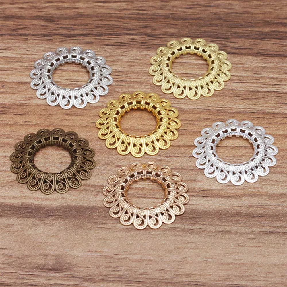 10pcs/lot 30mm Round Flower Brass Filigree Base Parts For Jewelry Making Supply Hairwear Connector Earrings Charm Findings  0550