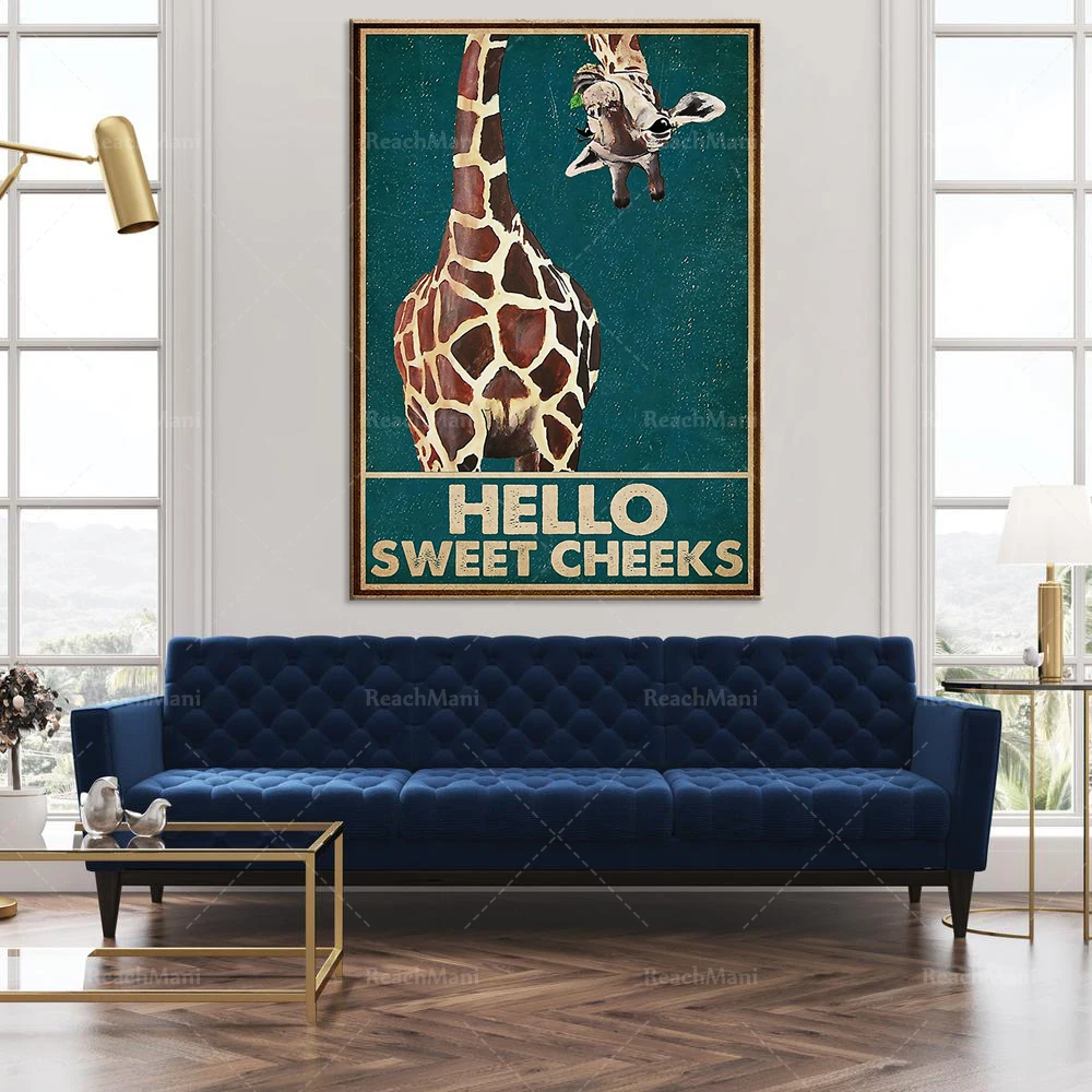 Vintage green giraffe hello sweet cheek decoration print canvas home wall poster