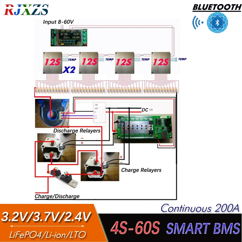 

Умный BMS реле 4S до 60S 200A/300A с ЖК-экраном для LTO /LiFePO4/литий-ионных аккумуляторов нескольких серий, совместим с Bluetooth App Monitor