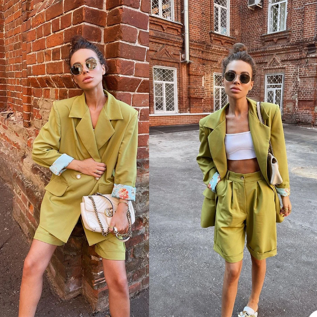 

2 Pieces Summer Solid Blazer Suit Fashion Notched Lapel Jacket +Shorts Ladies Elegant Design Women Classic Outfit Coats