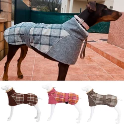 Warm Fleece Winter Big Dog Clothes Fashion Plaid Print  Pet Jacket with Belt for Medium Large Dogs Greyhound Weimaraner Clothing