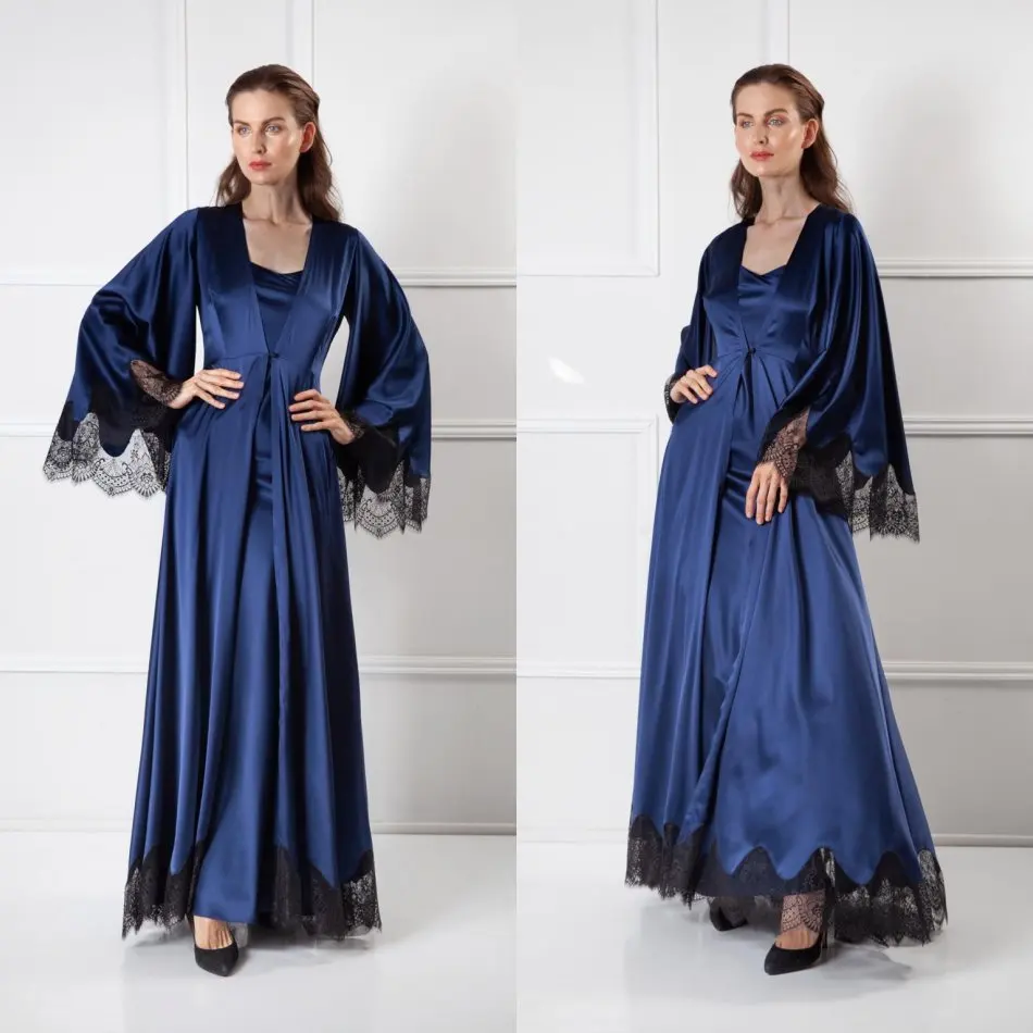 

Two Pieces Blue Women Sleepwear Bathrobe Long Silk Kimono Dressing Gown Babydoll Lace Lingerie Bath Robe Camisola De Dormir