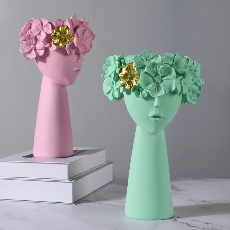 

Nordic Flower Head Human Face Vase Resin Accessories Home Livingroom Desktop Furnishings Crafts Hotel Store Sculpture Decoration