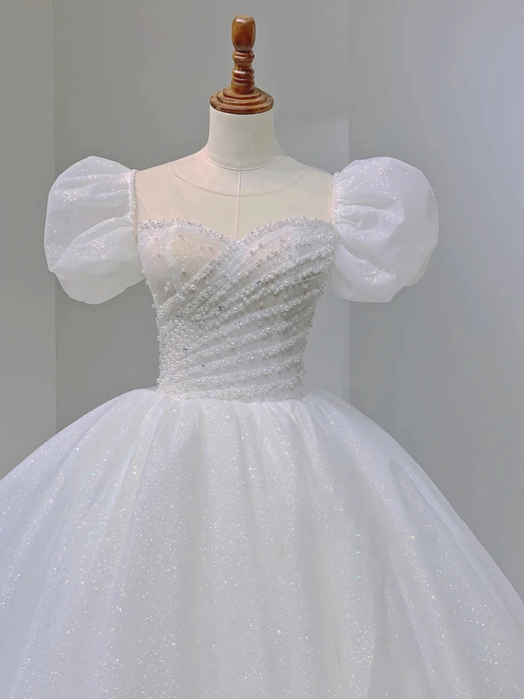 Robe de Mariée Blanche à Paillettes de Luxe, Tenue Longue avec Perles, Manches Bouffantes, Nministériels d au Dos, pour Patients de Princesse, Personnalisée