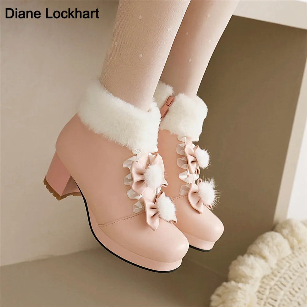 Lolita Girls Winter Boots Pink Women Fur Bowtie Butterfly-Knot Lovely Ladies Ankle Boots Japanese Cosplay Party Wedding Shoes