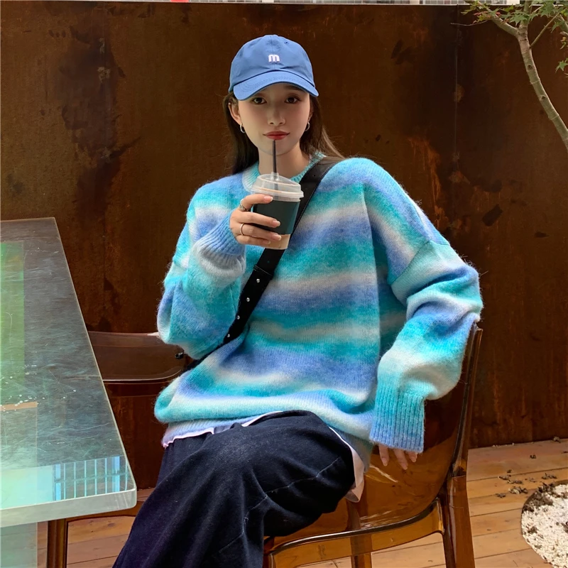 2023 Women Green and Blue Striped Sweater Winter O Neck Green Stripped Sweater Gradient Pullover Knitted Loose Long-sleeved Tops