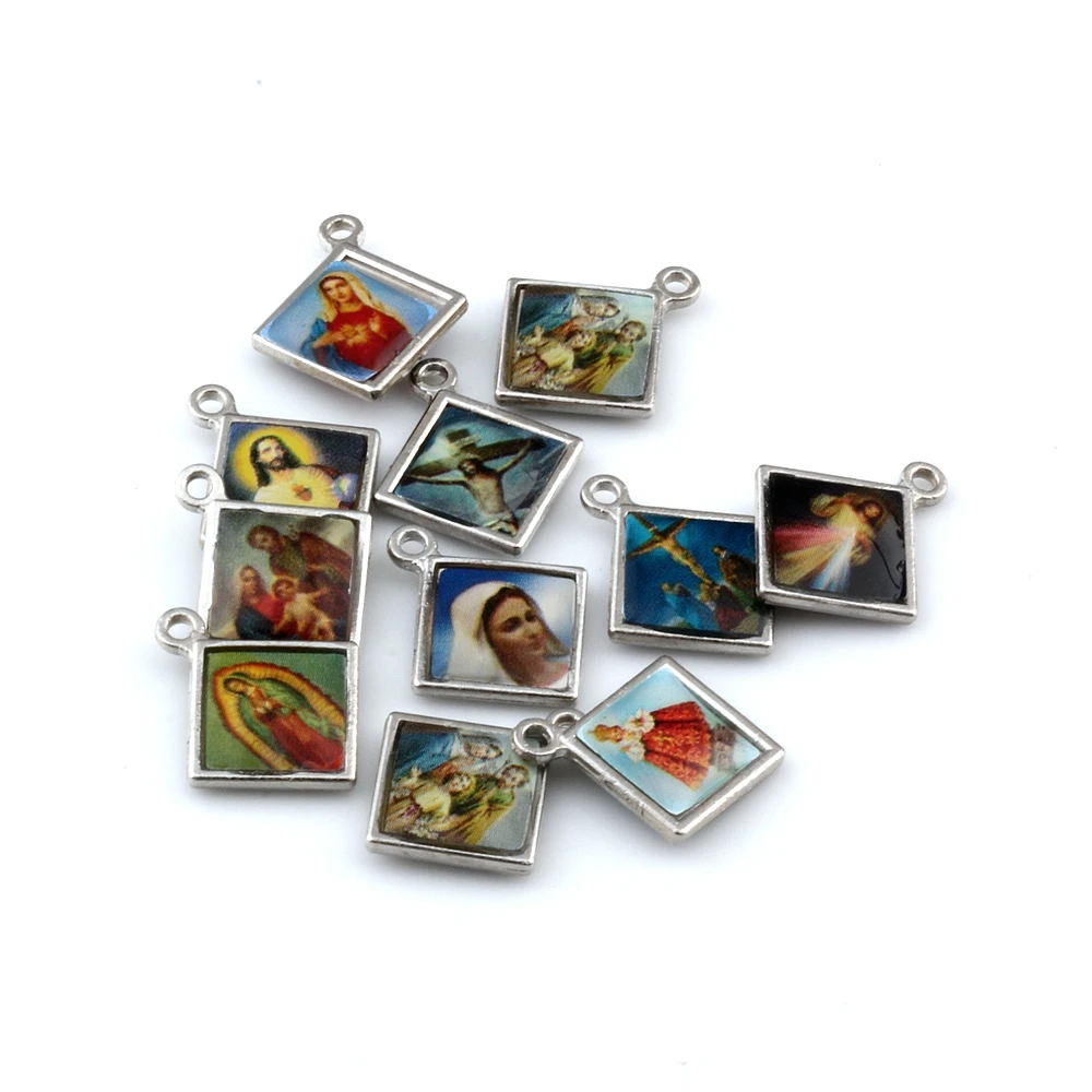 100Pcs Mixed Enamel Square Jesus Christ Icon Cross Religious Charm Beads Jewelry DIY 13.2x16mm A-380