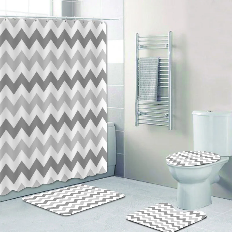 4PCS Set Trendy Grey Turquoise Blue Fade Chevron Waterproof Shower Curtain Bathroom Curtain Set Bath Mat Rug Carpet Home Decor image 4