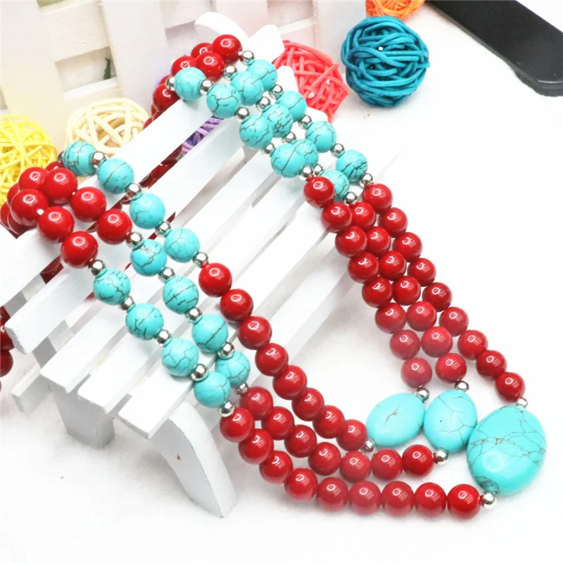 New arrival red artificial coral charms calaite stone turquoises 8mm beads diy semi-precious necklace making 18 inch BV113