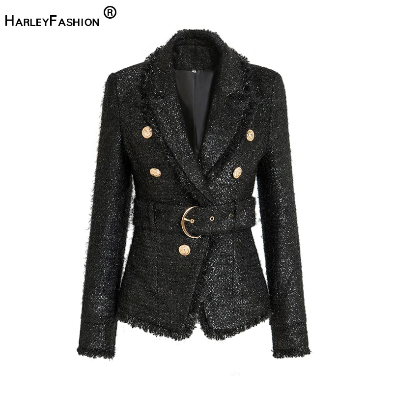 HarleyFashion European Spring Fall Vintage High-Luxury Solid Color Tweed Tassel Blazer Lace-Up Personality Slim Female Jacket