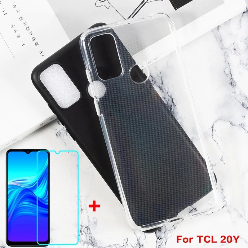 Transparent Phone Case For TCL 20E 20Y Etui on TCL20E TCL20Y Back Cover Soft Black TPU Cases Vetro Glass on TCL 20Y 20E Pelicula