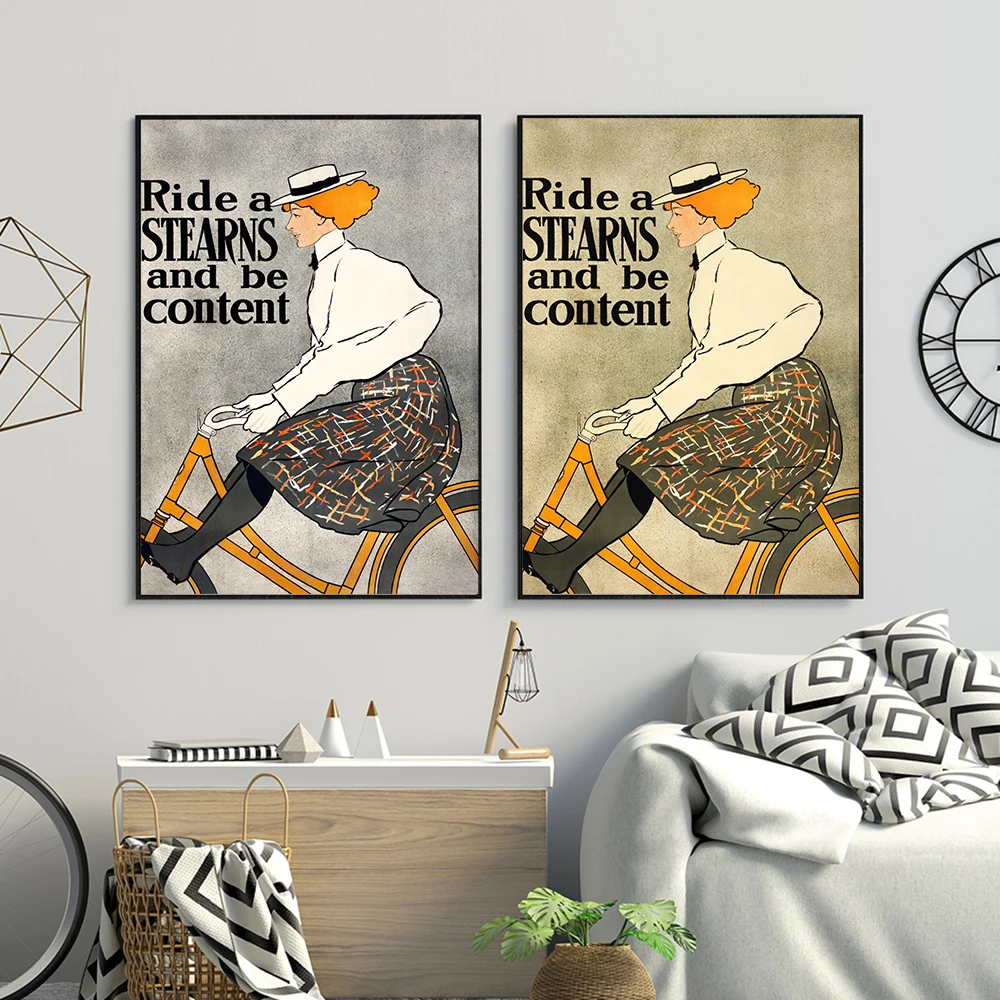 Vintage Bicycle Advertising Poster Ride a Stearns Canvas Painting Art Nouveau Prints Bedroom Bar Shop Wall Decoration Pictures