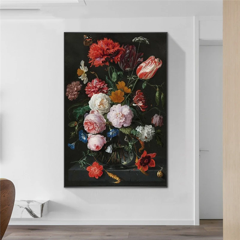 Baroque art print, still life with flowers in glass vase oil painting print poster home decor