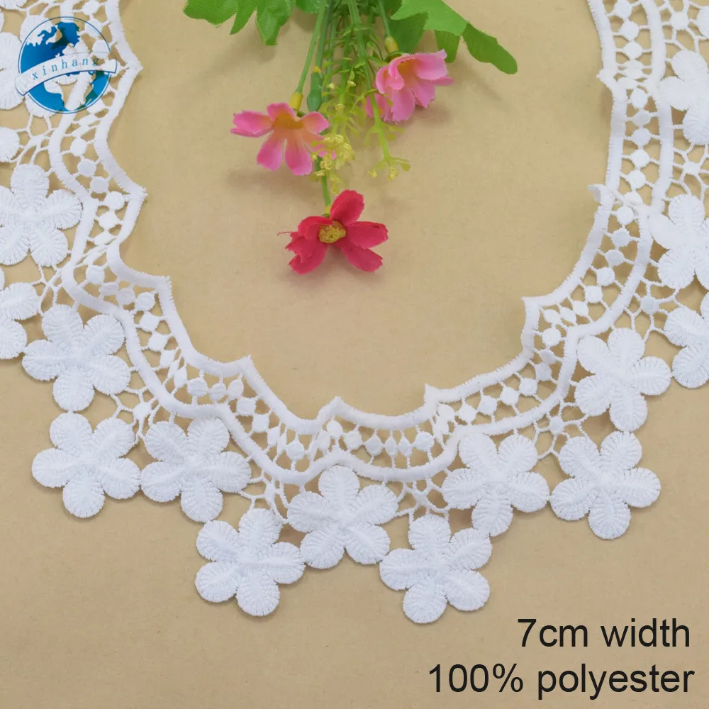 ผ้าโพลีเอสเตอร์ปักลายลูกไม้ฝรั่งเศสสีขาวกว้าง7ซม. ขอบผ้าลูกไม้แบบ DIY อุปกรณ์ตัดเย็บเสื้อผ้าแบบวิปริต #4059