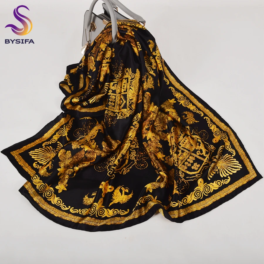 BYSIFA| New Black Gold Pure Silk Scarf Shawl Fashion Brand Luxury Scarves Hijabs Spring Fall Accessories Scarf Cape 110*110cm