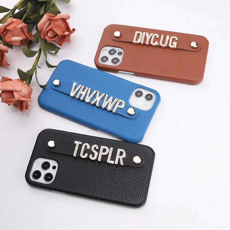 Real Leather Cowhide  Custom Name Phone Case For iPhone15 14 14ProMax 14Plus 13Promax 13 12 11 Diamond Metal Letters Cover Coque
